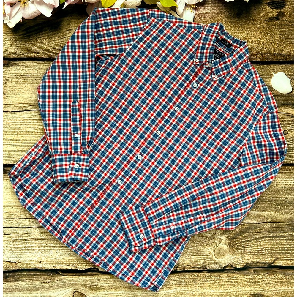 J. Crew Factory Red, Blue & White Plaid Button-Down Shirt - Men's Casual